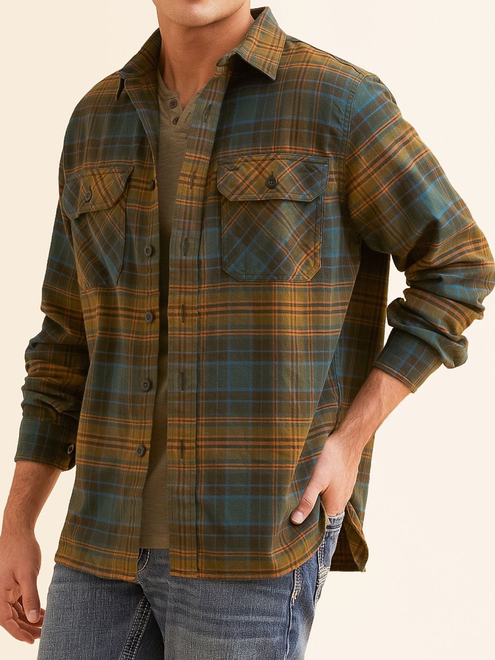 Pendleton Burnside Doublebrushed Flannel Shirt in Olive/Blue/Rust = size XL
